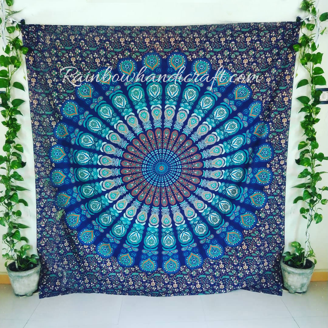 Embrace Serenity Blue Feather Bohemian Mandala Tapestry