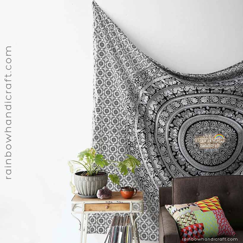black and white elephant Mandala tapestry free ship rainbowhandicraft