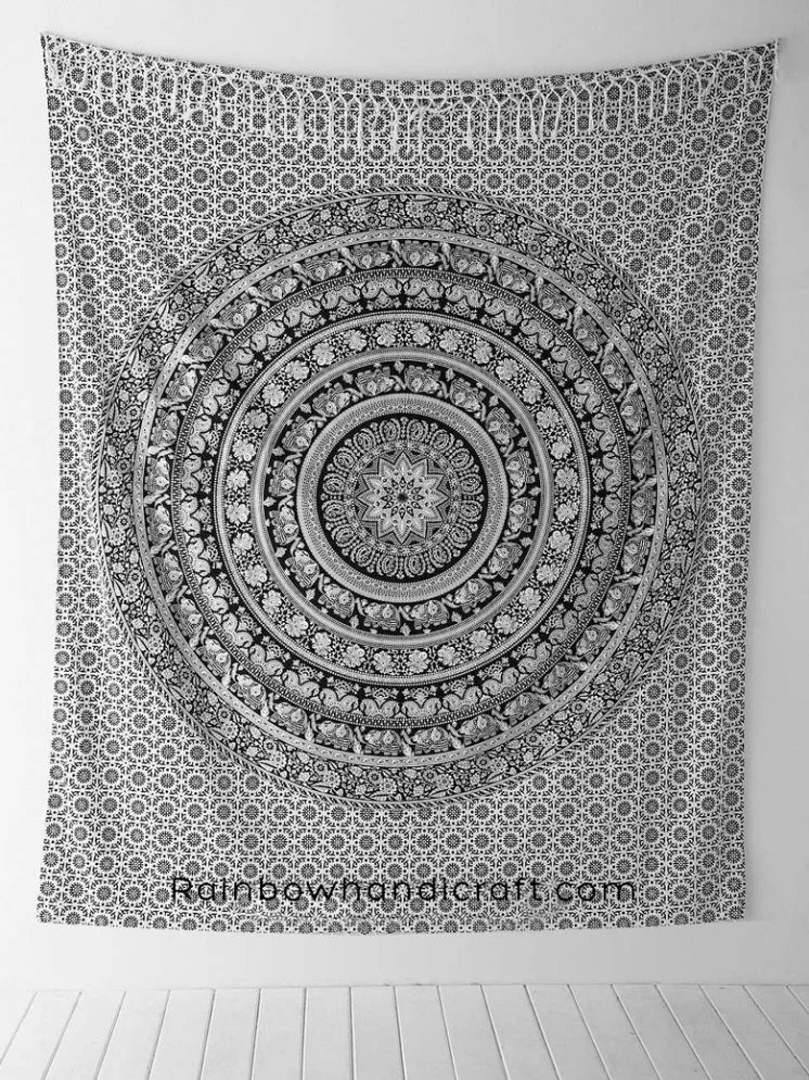 black and white elephant Mandala tapestry free ship rainbowhandicraft