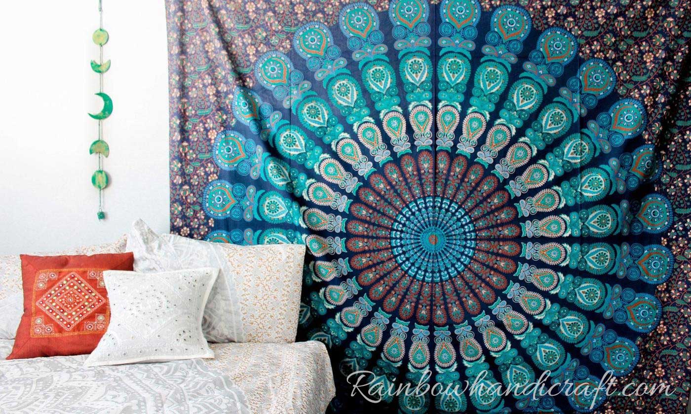 Embrace Serenity Blue Feather Bohemian Mandala Tapestry