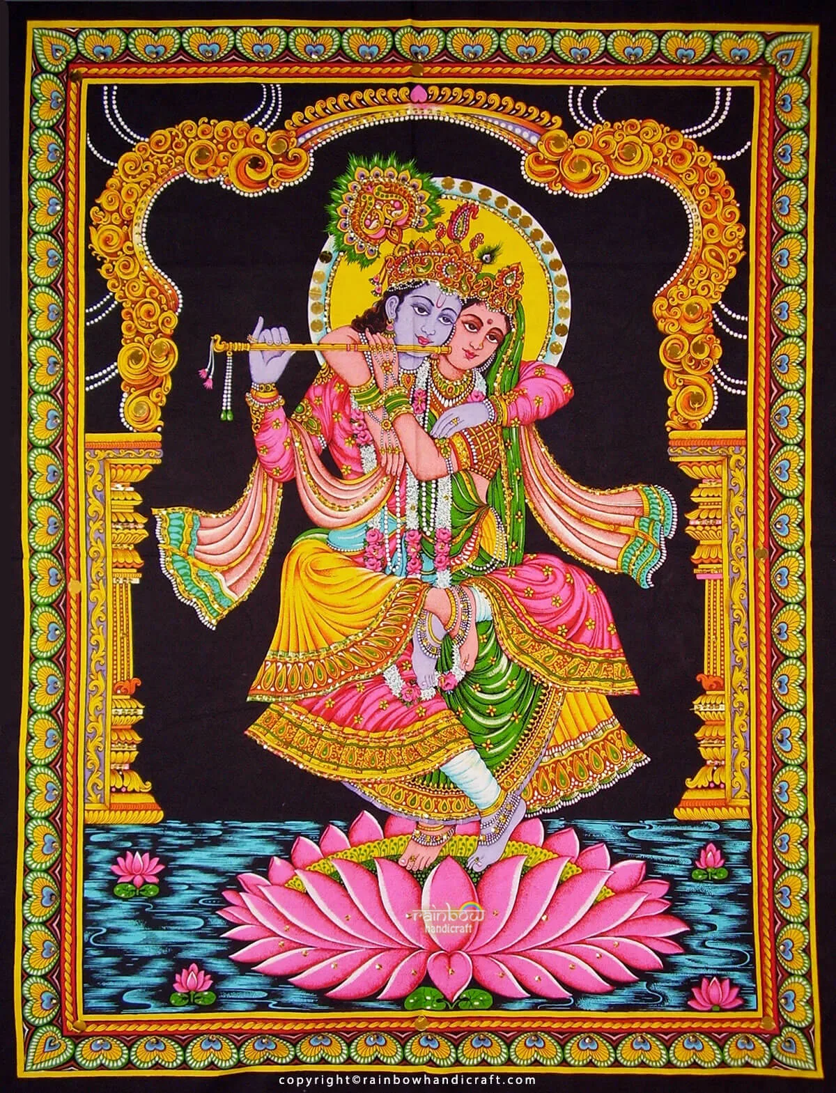 Krishna Radha Lotus Wall Hanging, Sacred God Sequin Tapestry & Poster Decor
