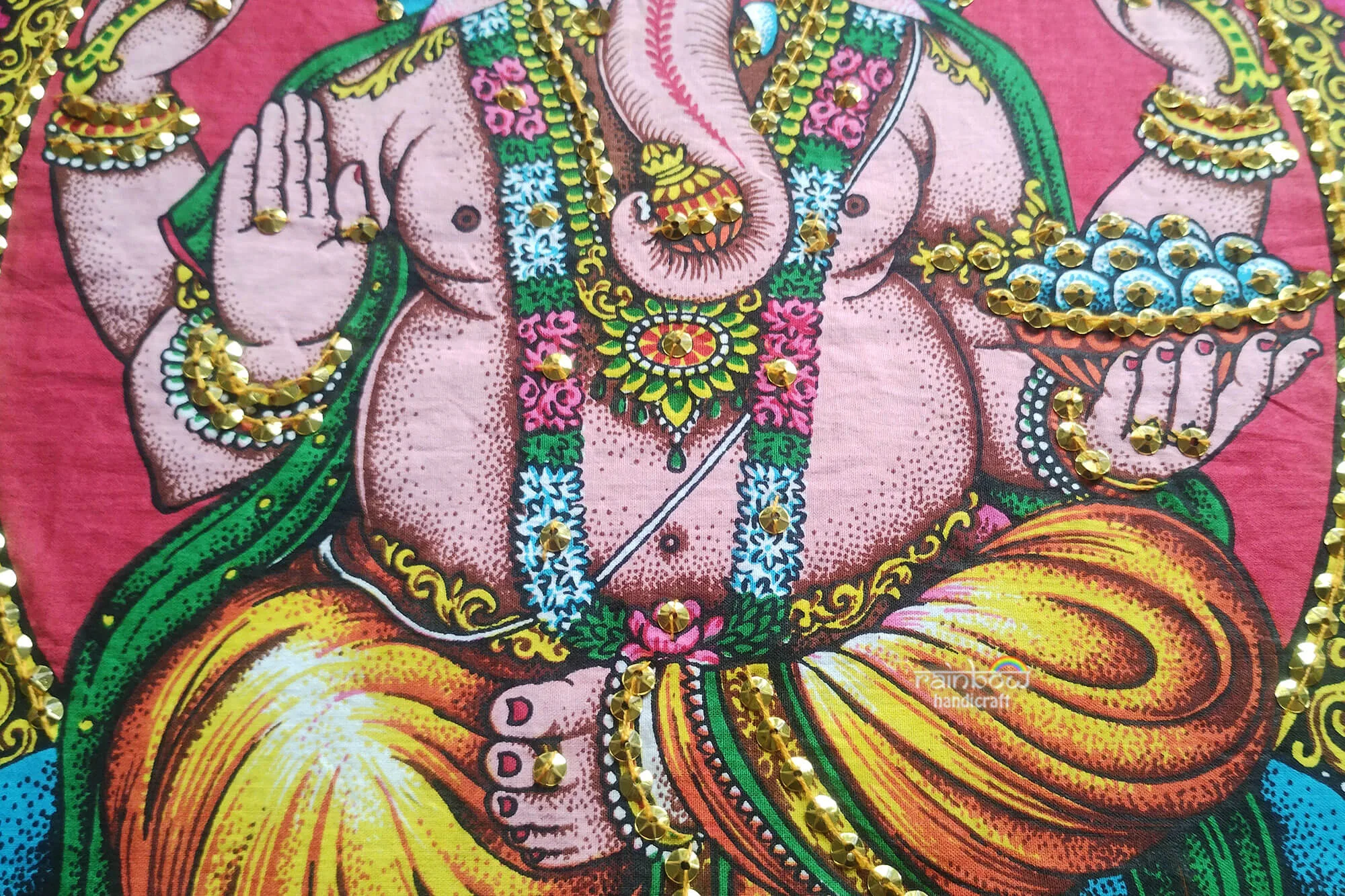 Lord Ganesh Wall Tapestry, Block Print with Sequin Handwork - Sacred Home Decor