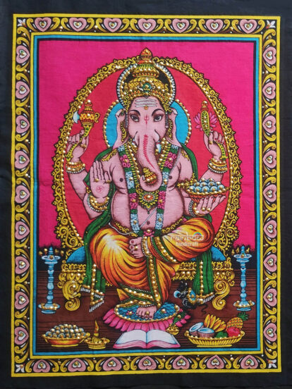 Lord Ganesha wall tapestry with sequin handwork and block print