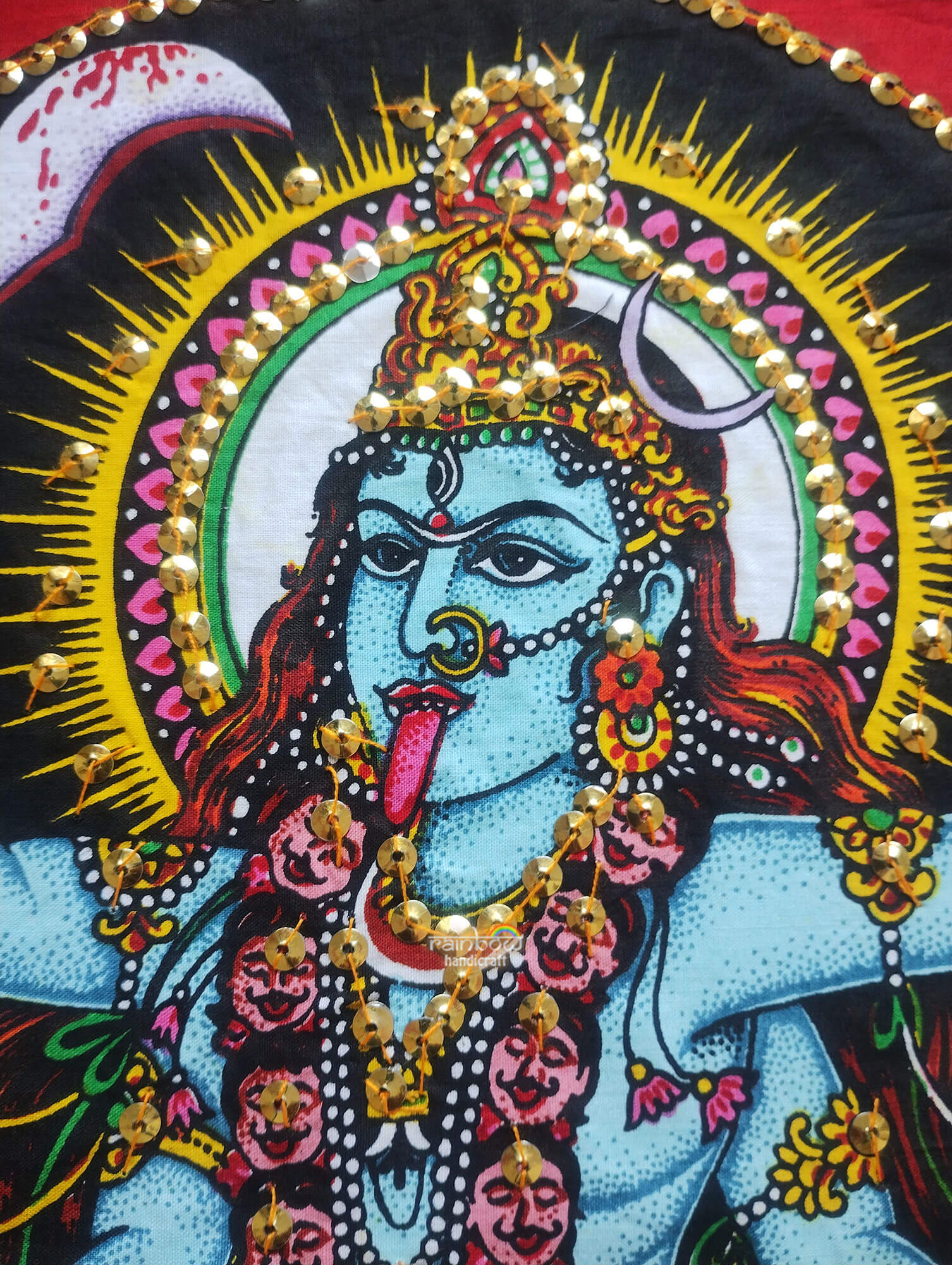 Goddess Kali Maa Tapestry, Ethnic Sequin Hindu Wall Art Poster for Sacred Decor