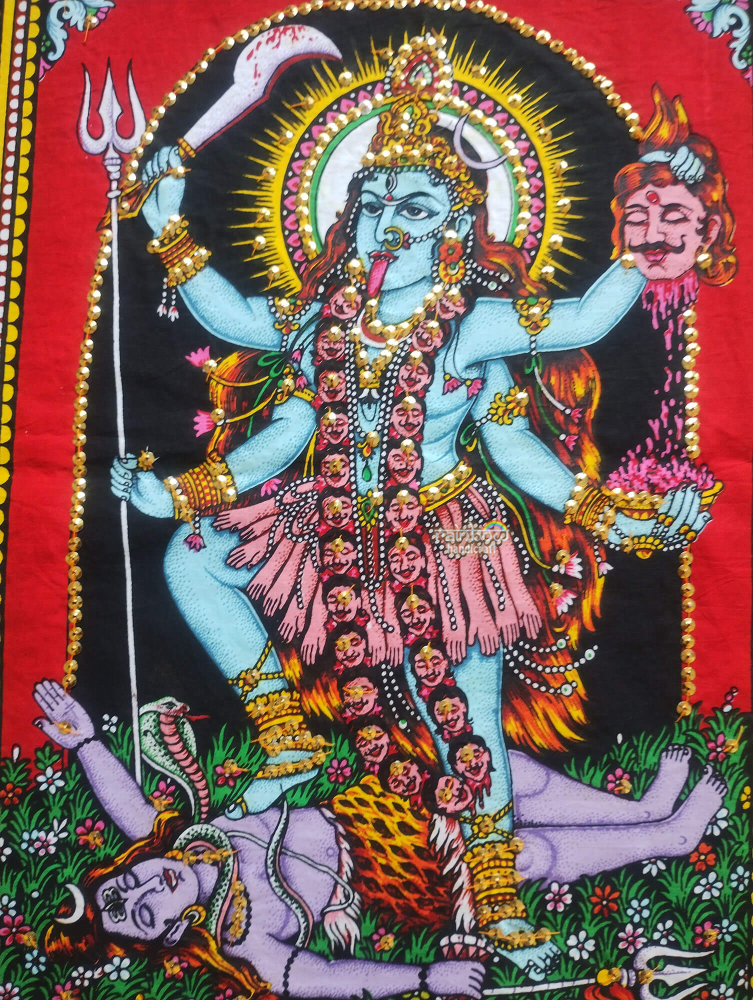 Goddess Kali Maa Tapestry, Ethnic Sequin Hindu Wall Art Poster for Sacred Decor
