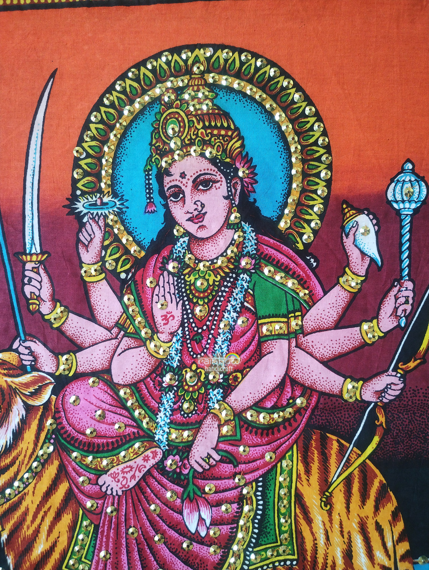 Goddess Durga Wall Tapestry, Amba Devi Sequin wall hanging, Sacred decor poster