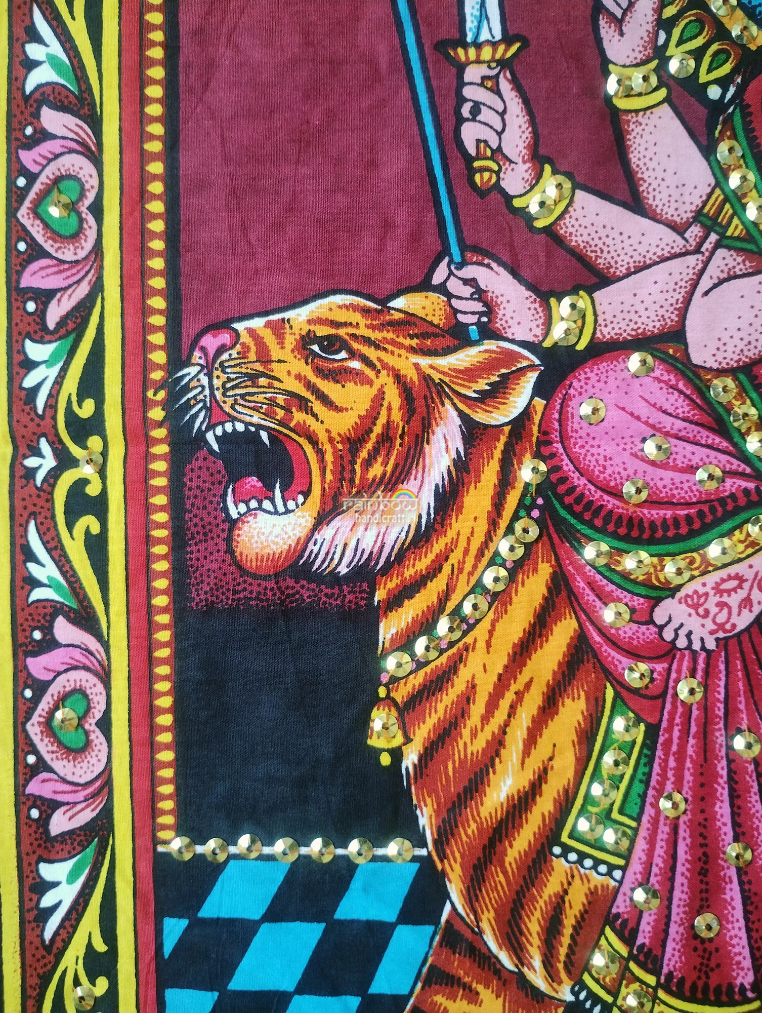 Goddess Durga Wall Tapestry, Amba Devi Sequin wall hanging, Sacred decor poster