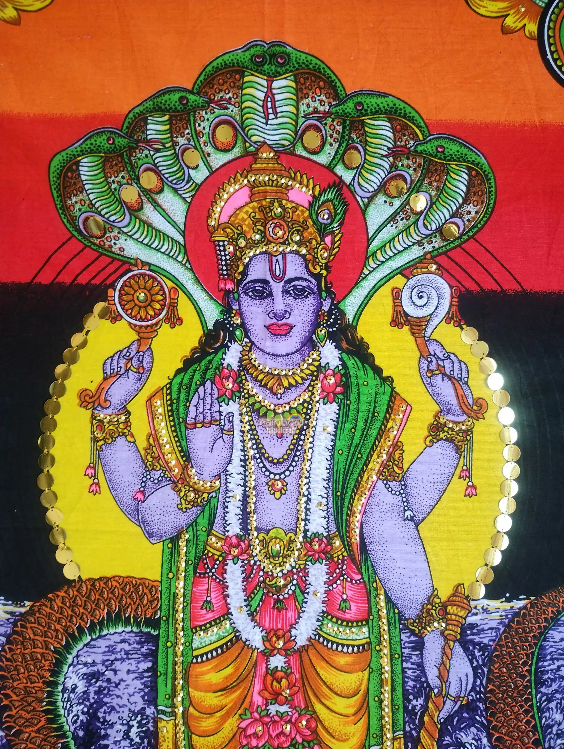 Lord Vishnu Wall Tapestry | Hindu Spiritual Wall Hanging Sequin Decor